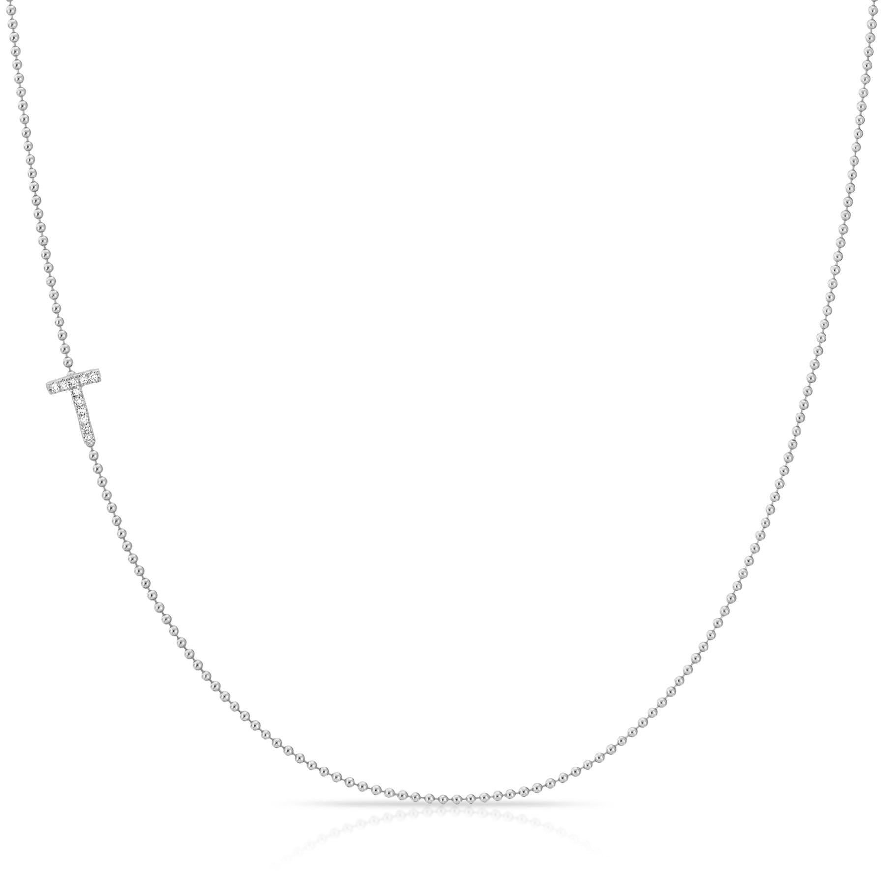 Pavé Diamond Initial Necklace by Maya Brenner – T in 14K White Gold on a Bead Chain