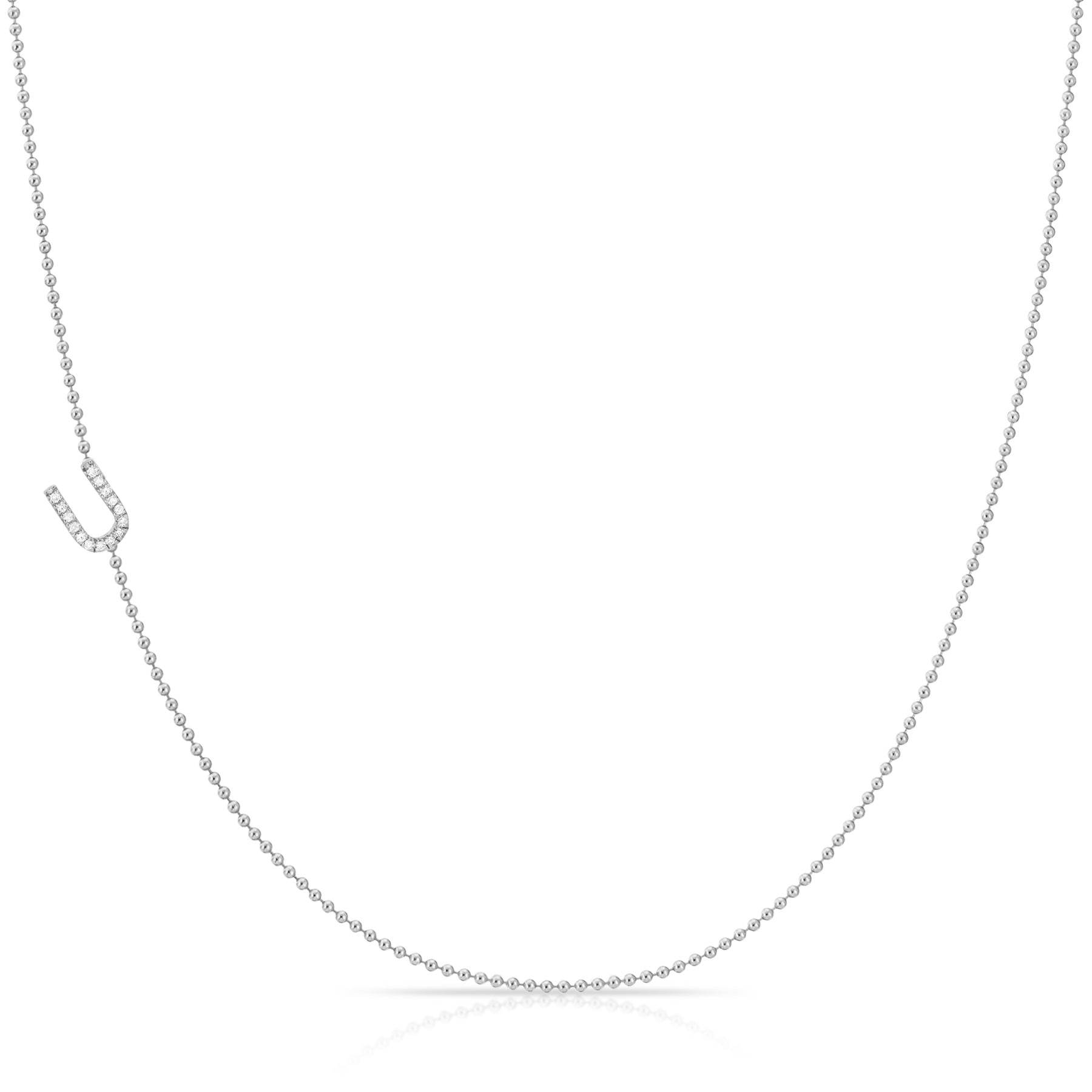 14K White Gold Pavé Diamond Initial Necklace, Letter U – Bead Chain | Maya Brenner