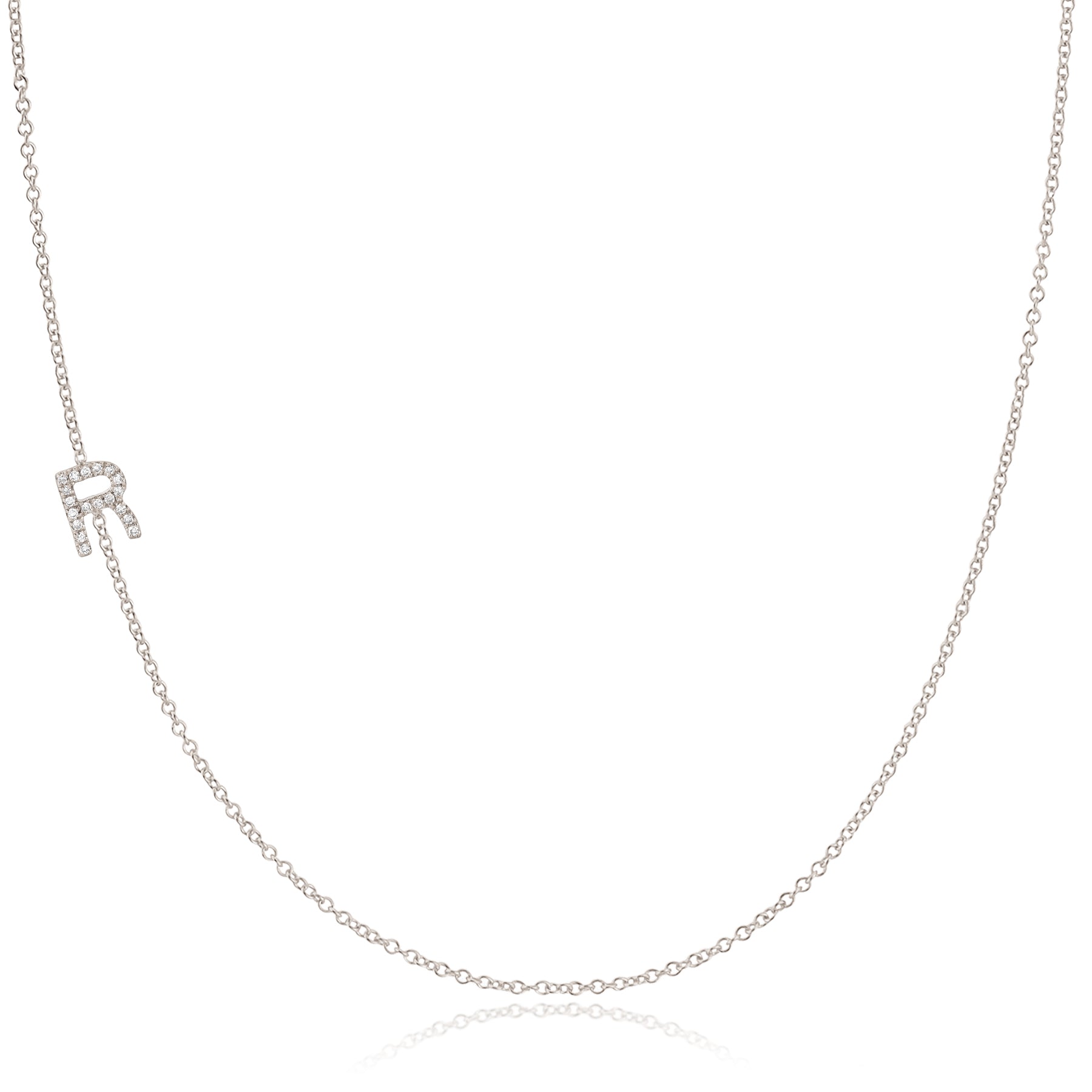 Pavé Diamond Initial Necklace by Maya Brenner – R in 14K White Gold on a Cable Chain