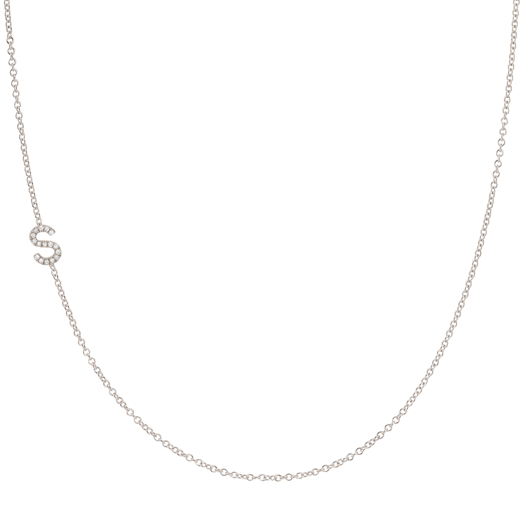 Maya Brenner Pavé Diamond Initial Necklace – S Charm in 14K White Gold, Cable Chain