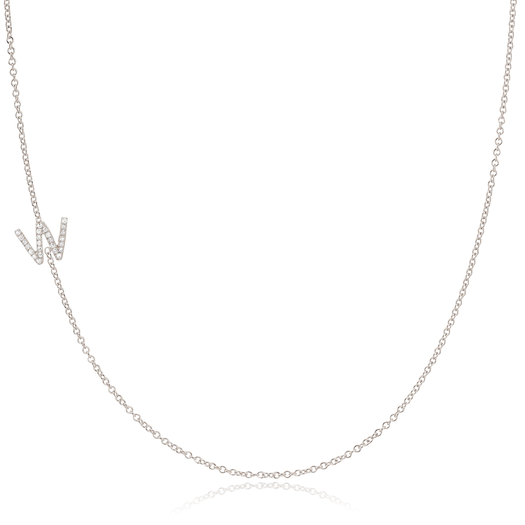 14K White Gold Pavé Diamond Initial Necklace, Letter W – Cable Chain | Maya Brenner