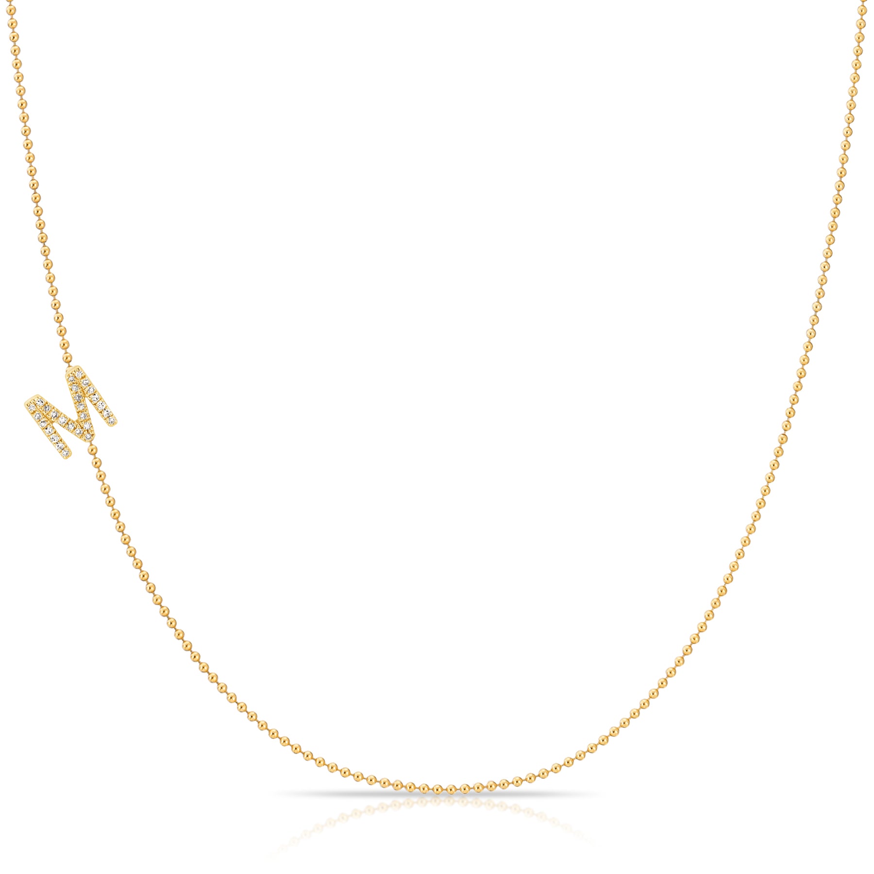 Pavé Diamond Initial Necklace by Maya Brenner – M in 14K Yellow Gold on a Bead Chain