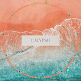 An Endless Summer Necklace – Calypso laid against an ocean background with orange sand, with the word ‘CALYPSO’ in the centre.