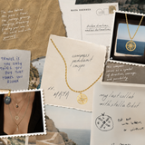 Collage of necklaces with compass designs, postcards, and scenic images.