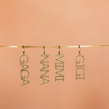 14k gold word plate charms GAGA, NANA, MIMI and GIGI on gold chain for grandma necklaces.
