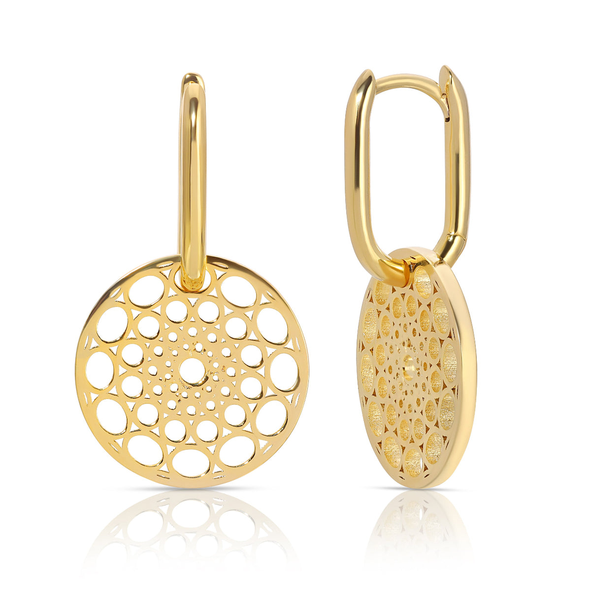 Skylight Hoops in yellow gold on a white background. 