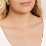 A close-up of a woman's neck wearing a rose gold necklace with a letter U charm. 