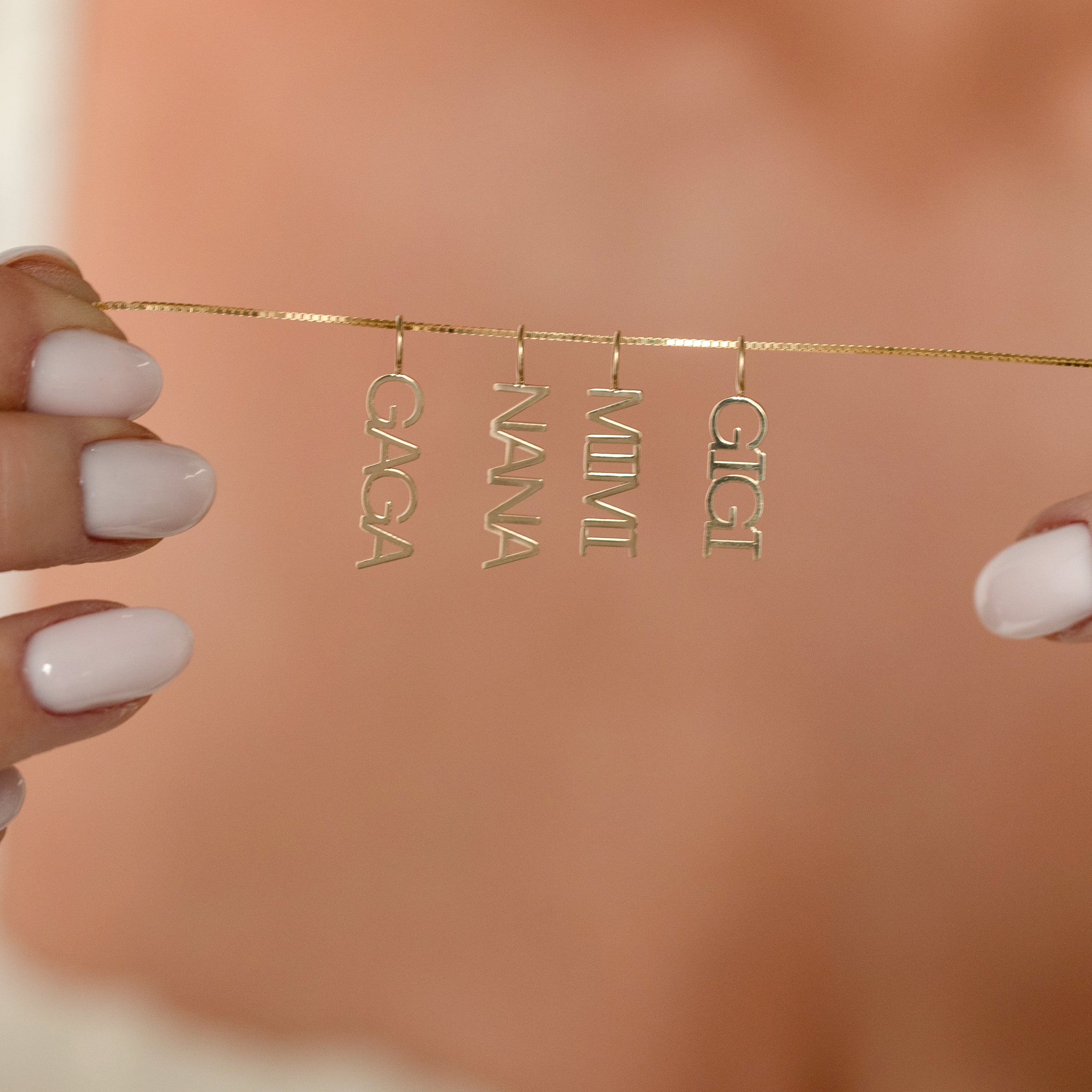 14k gold grandma word plate necklace charms GAGA, NANA, MIMI and GIGI on delicate gold chain.