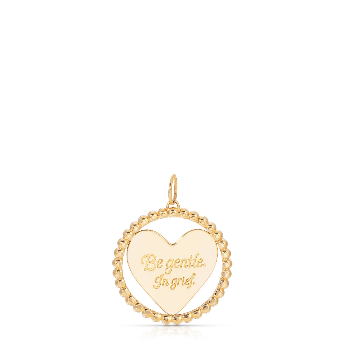A yellow gold Be Gentle in Grief Necklace pendant on a white background. 