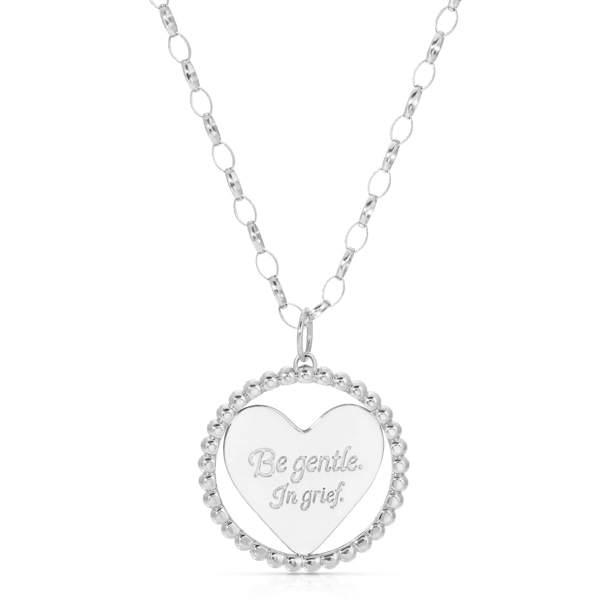 A sterling silver Be Gentle in Grief Necklace on a white background. 