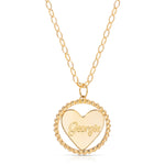 A yellow gold Be Gentle in Grief Necklace with the engraved name ‘Georgie' on a white background. 