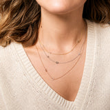 Close-up of a person wearing multiple gold necklaces on a neutral background