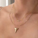 A close-up of a neck wearing a Petite Nameplate Necklace with 'louis', an Element Short Link Chain and a Sharktooth Necklace, all in yellow gold. 