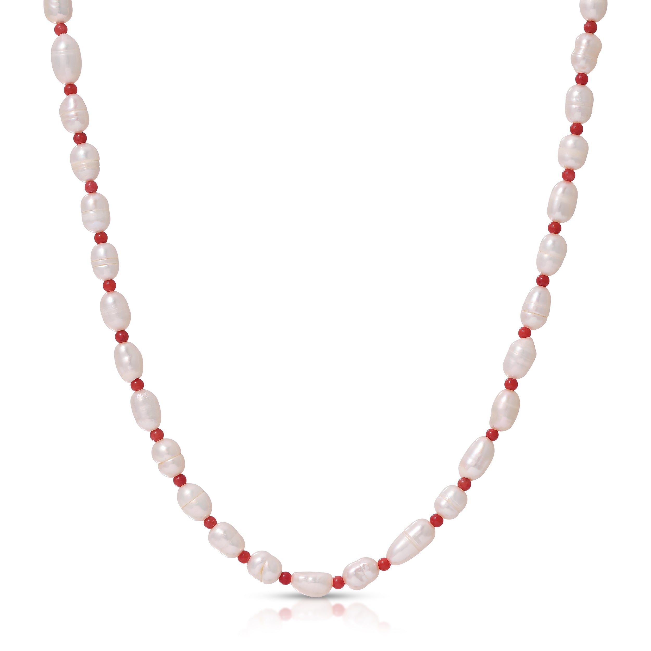 Maya Brenner Cabana Pearl Necklace — freshwater rice pearl and red bead beaded necklace with gold fill clasp