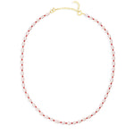 Maya Brenner Cabana Pearl Necklace with gold fill spring ring clasp and 2-inch extender chain, freshwater pearl and red bead beaded necklace