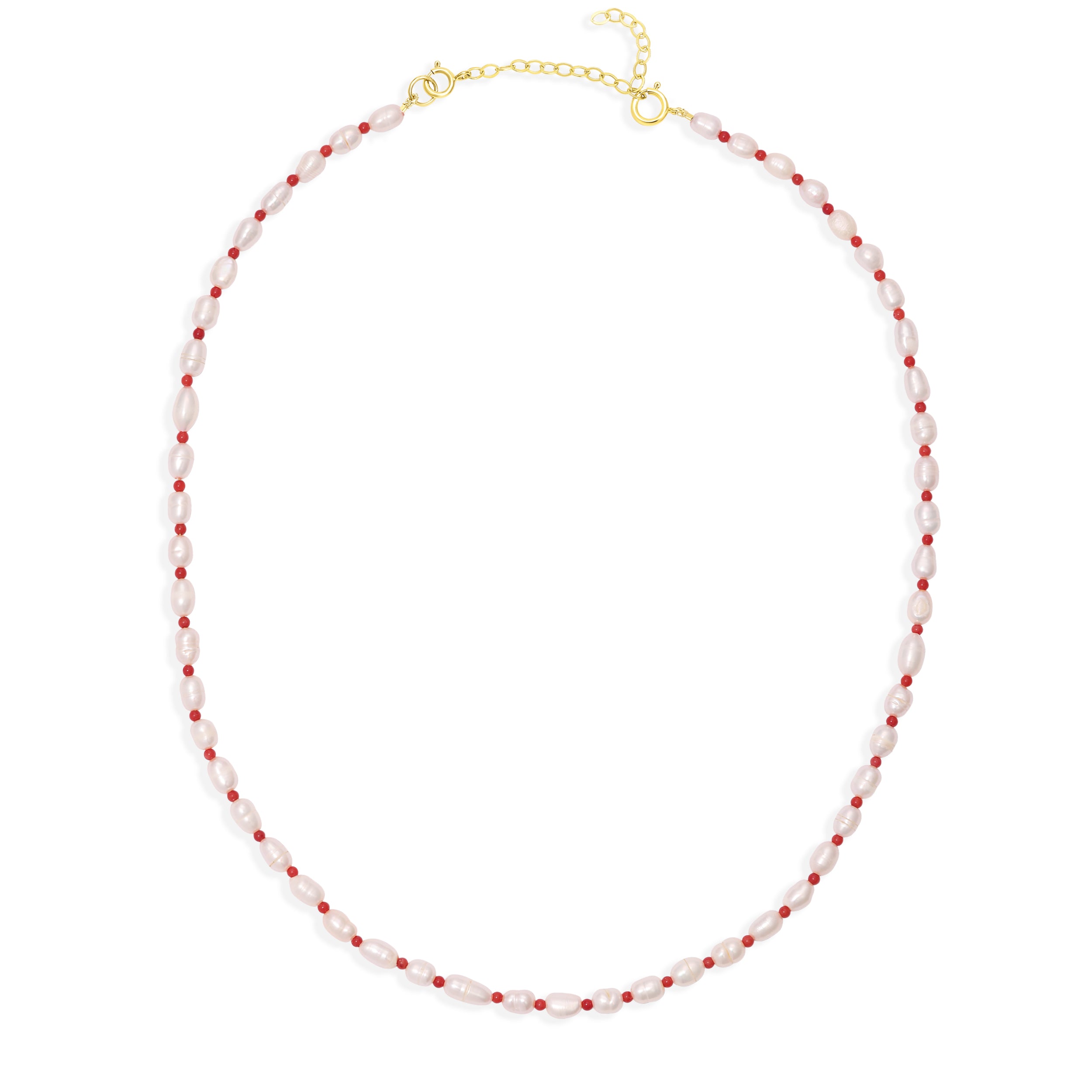 Maya Brenner Cabana Pearl Necklace with gold fill spring ring clasp and 2-inch extender chain, freshwater pearl and red bead beaded necklace