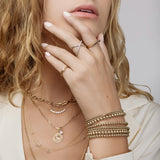 Close-up of a woman's hand wearing gold jewelry including rings, bracelets, and necklaces.