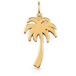 A polished yellow gold palm tree pendant charm with a small integrated loop at the top, shown on a clean white background.