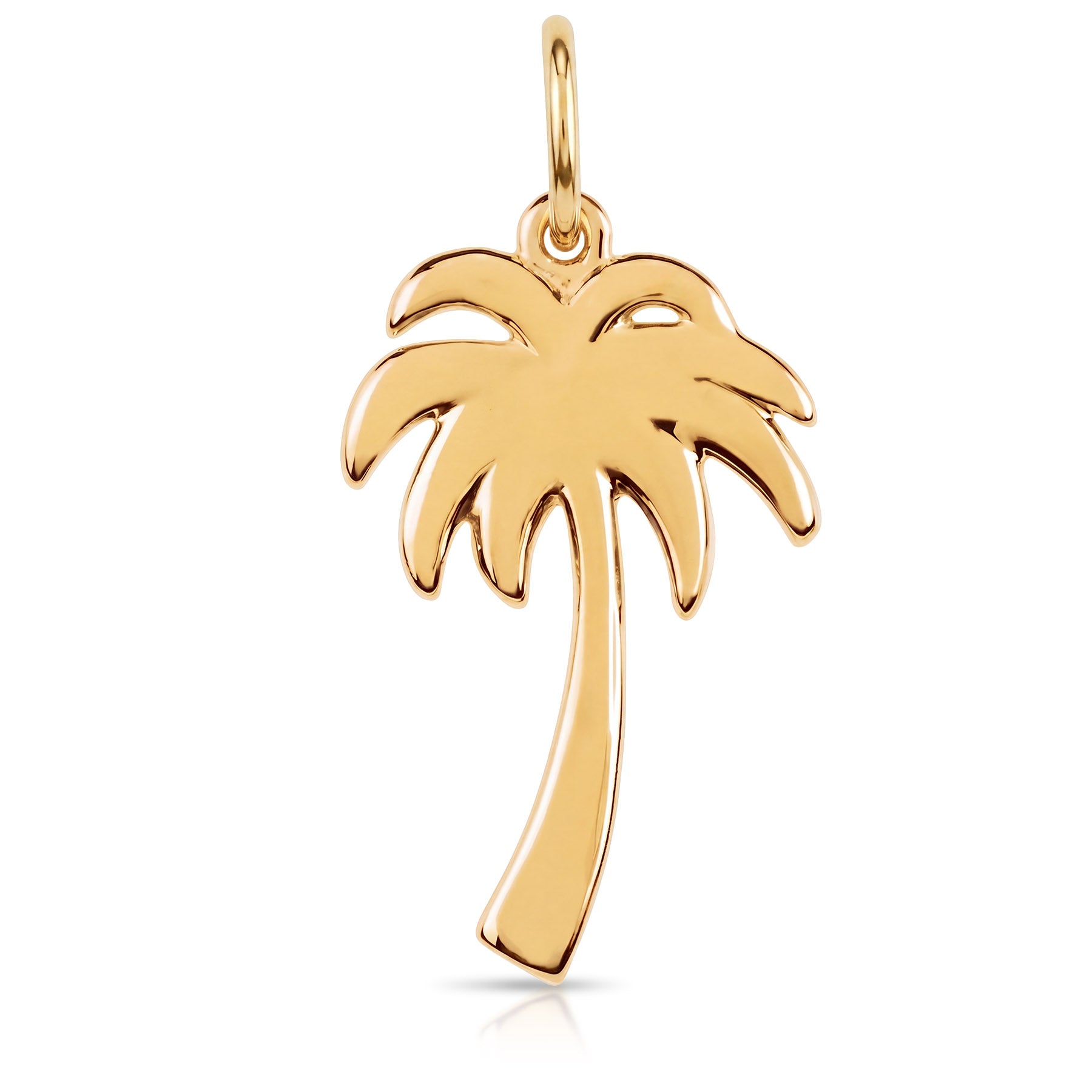 A polished yellow gold palm tree pendant charm with a small integrated loop at the top, shown on a clean white background.