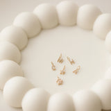 Charm Pendants in Star and Paw, and Pavé Letter Charms in M, H, C and A in a white trinket dish.