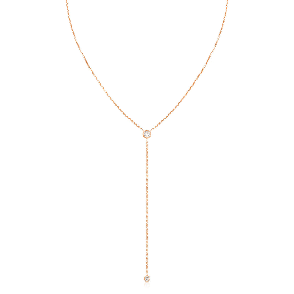 A Diamond Drip Necklace in rose gold on a white background. 