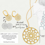 Skylight Hoops and Necklace in yellow gold and sterling silver with specifications on a light grey background. 