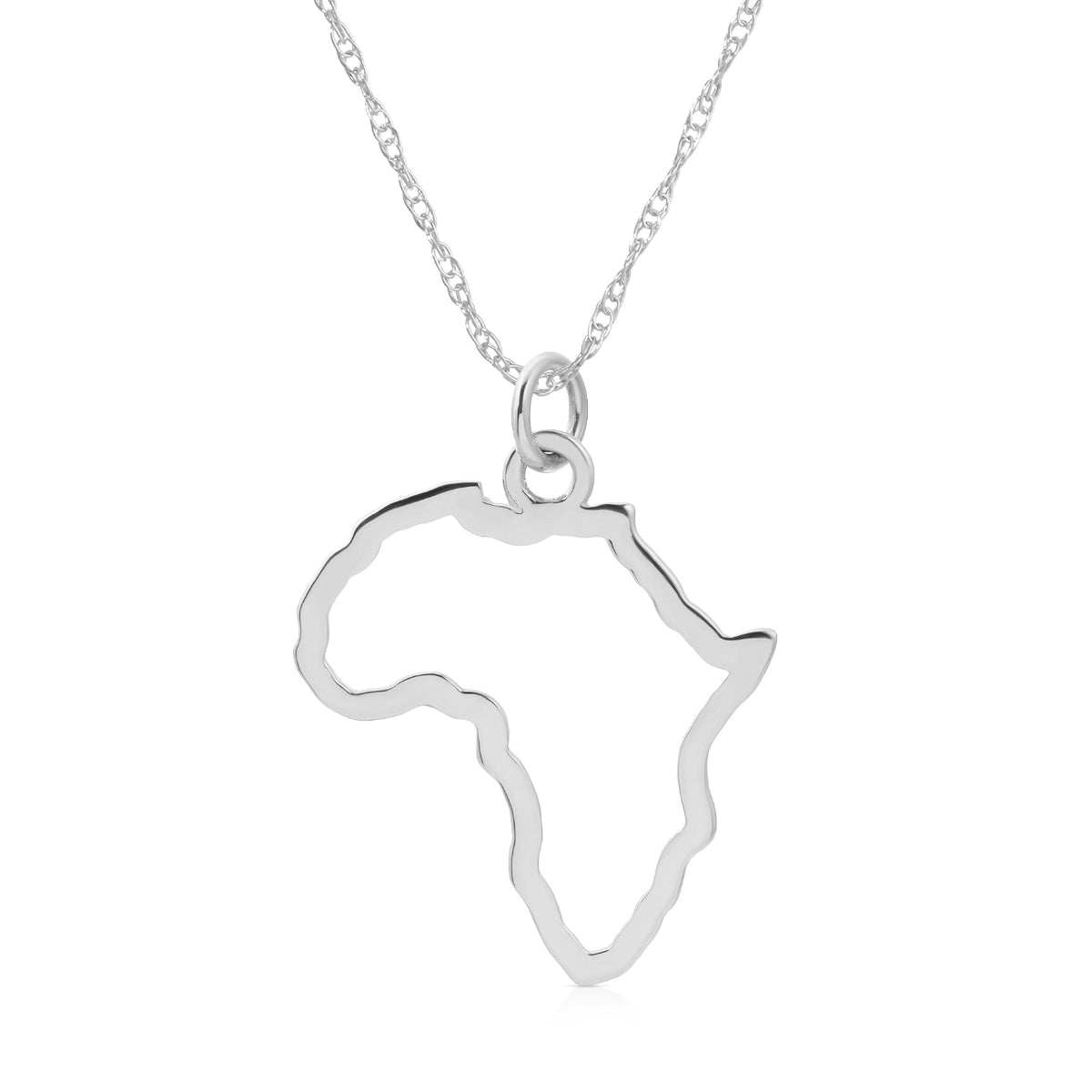 An Africa pendant necklace in sterling silver on a white background. 