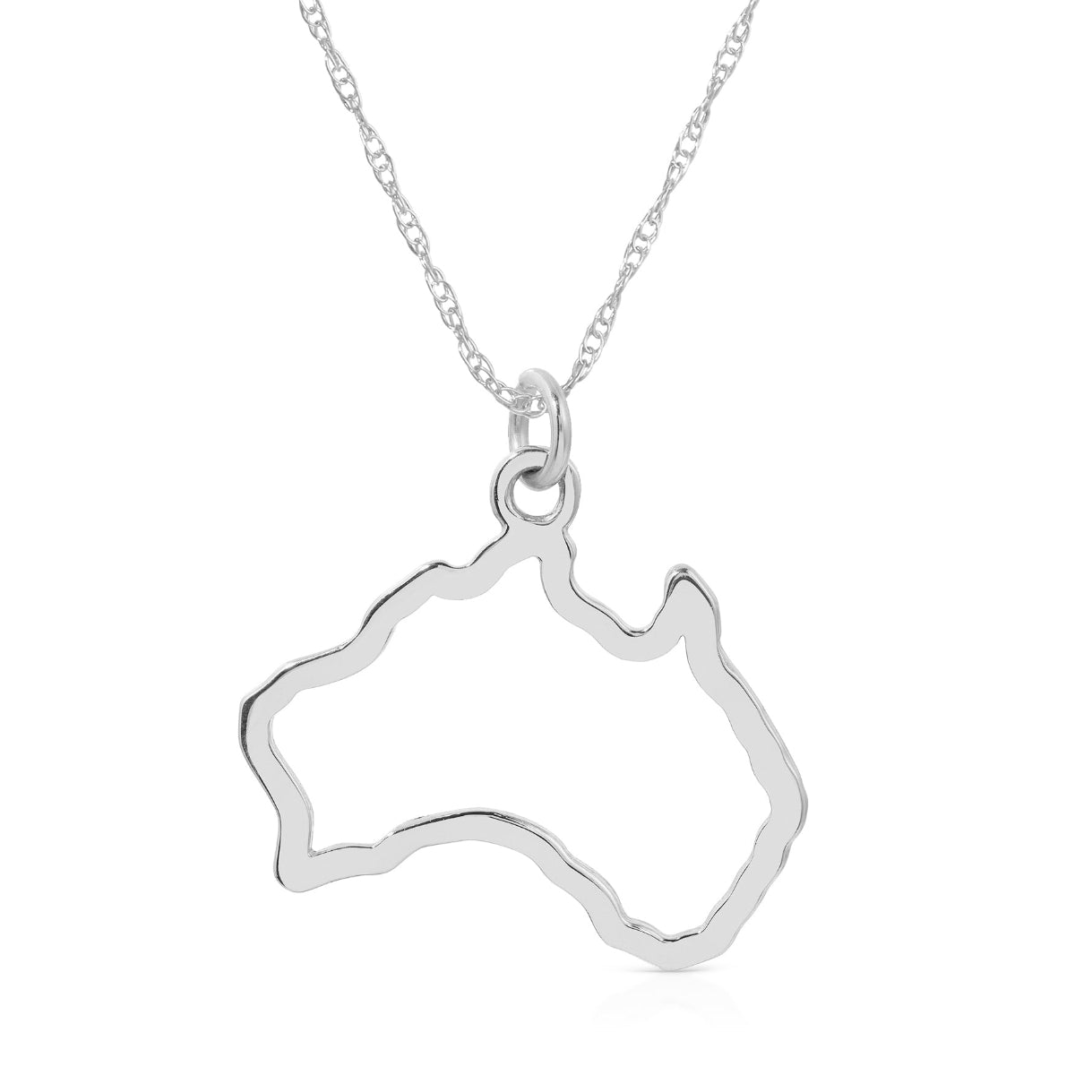 An Australia pendant necklace in sterling silver on a white background. 