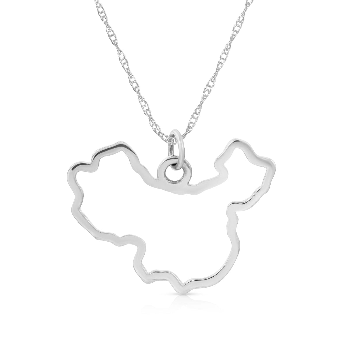 A China pendant necklace in sterling silver on a white background. 