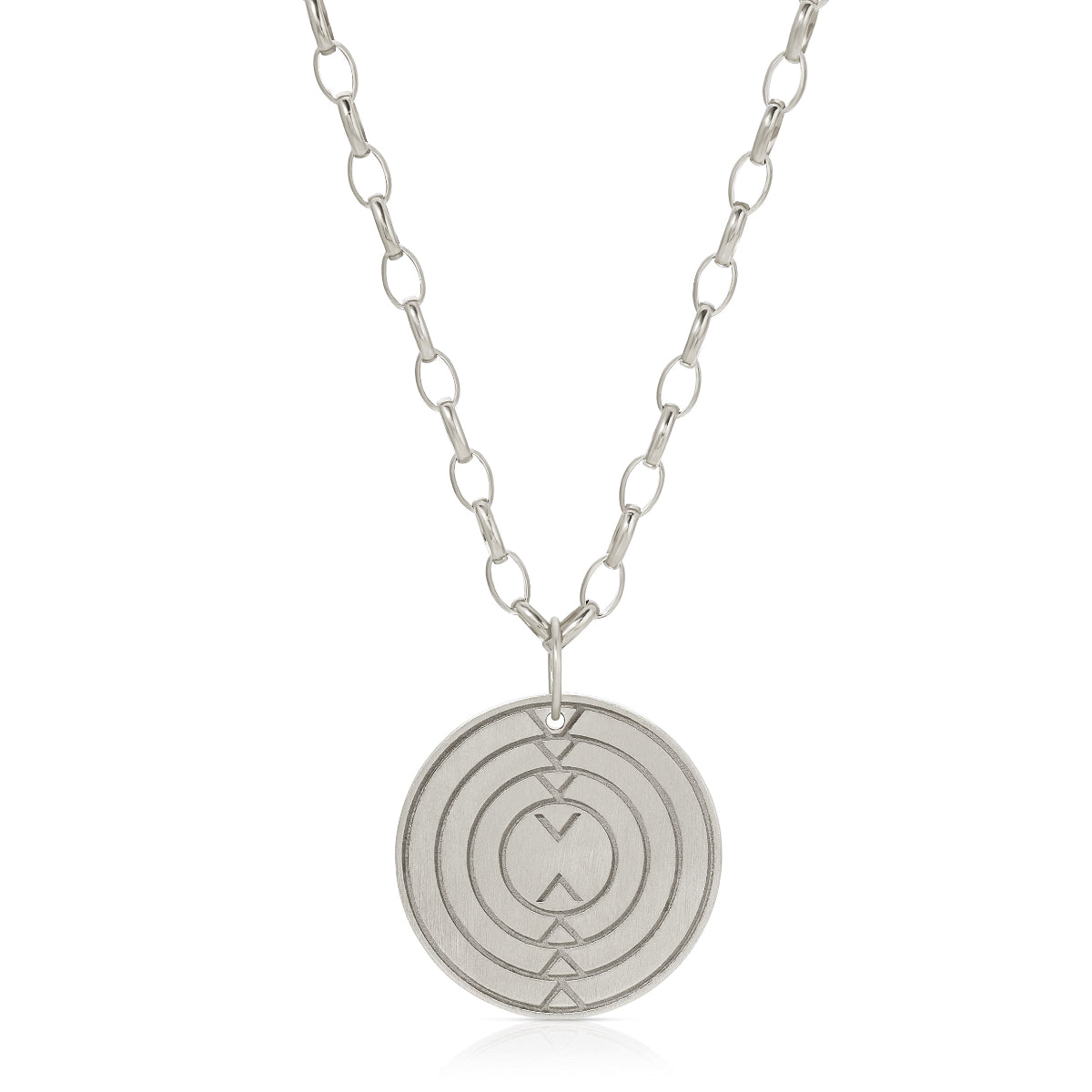 Virtues Pendant - Circle in sterling silver on a white background. 