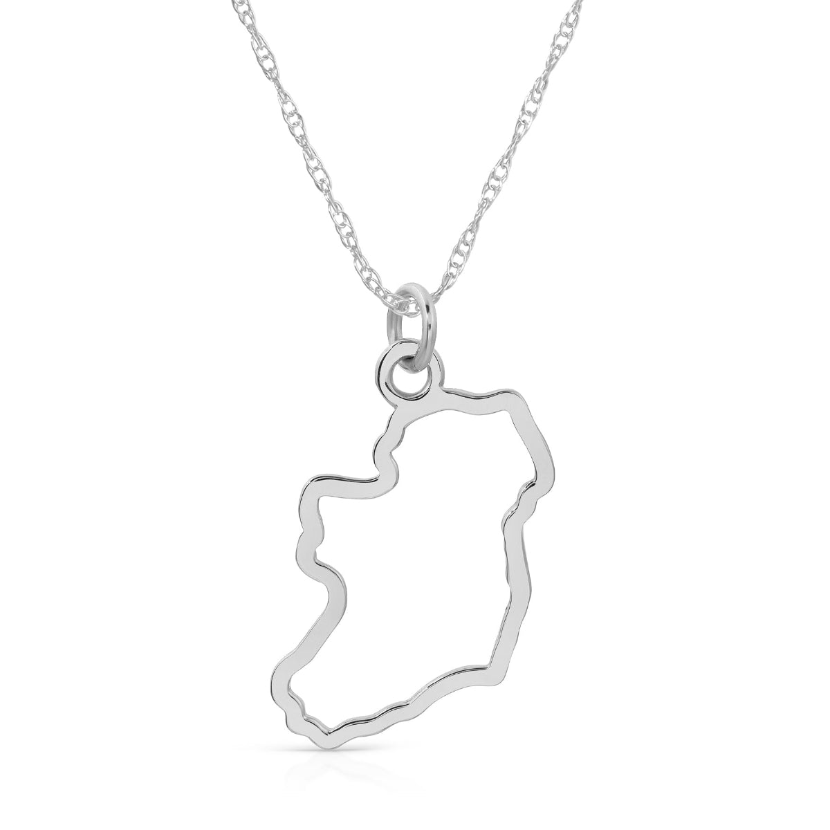 An Ireland necklace in sterling silver on a white background. 