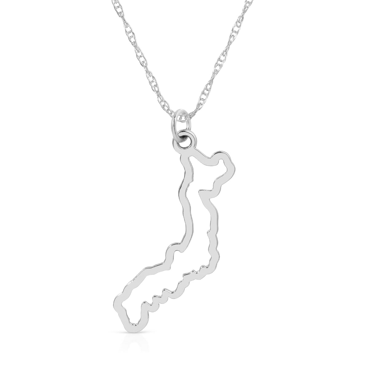 A Japan pendant necklace in sterling silver on a white background. 
