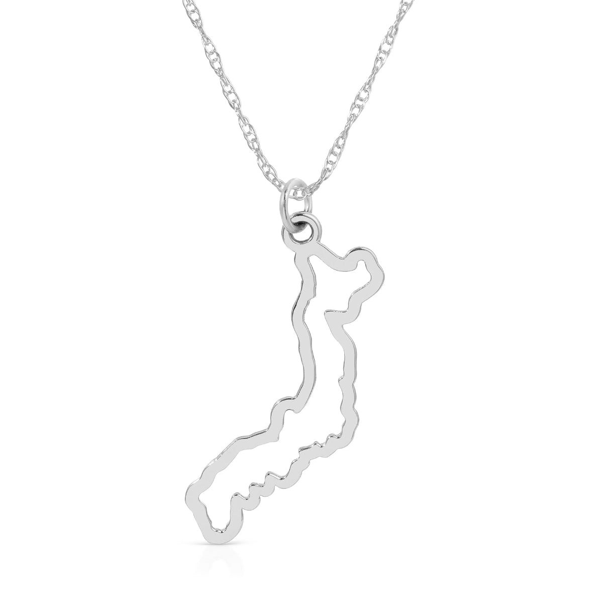 A Japan pendant necklace in sterling silver on a white background. 