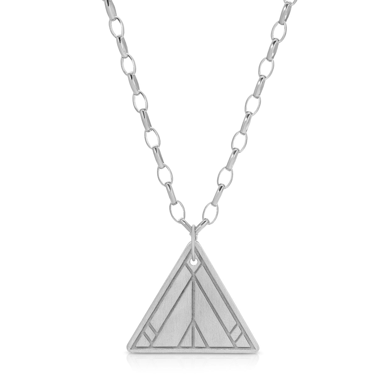 Virtues Pendant - Triangle in sterling silver on a white background. 
