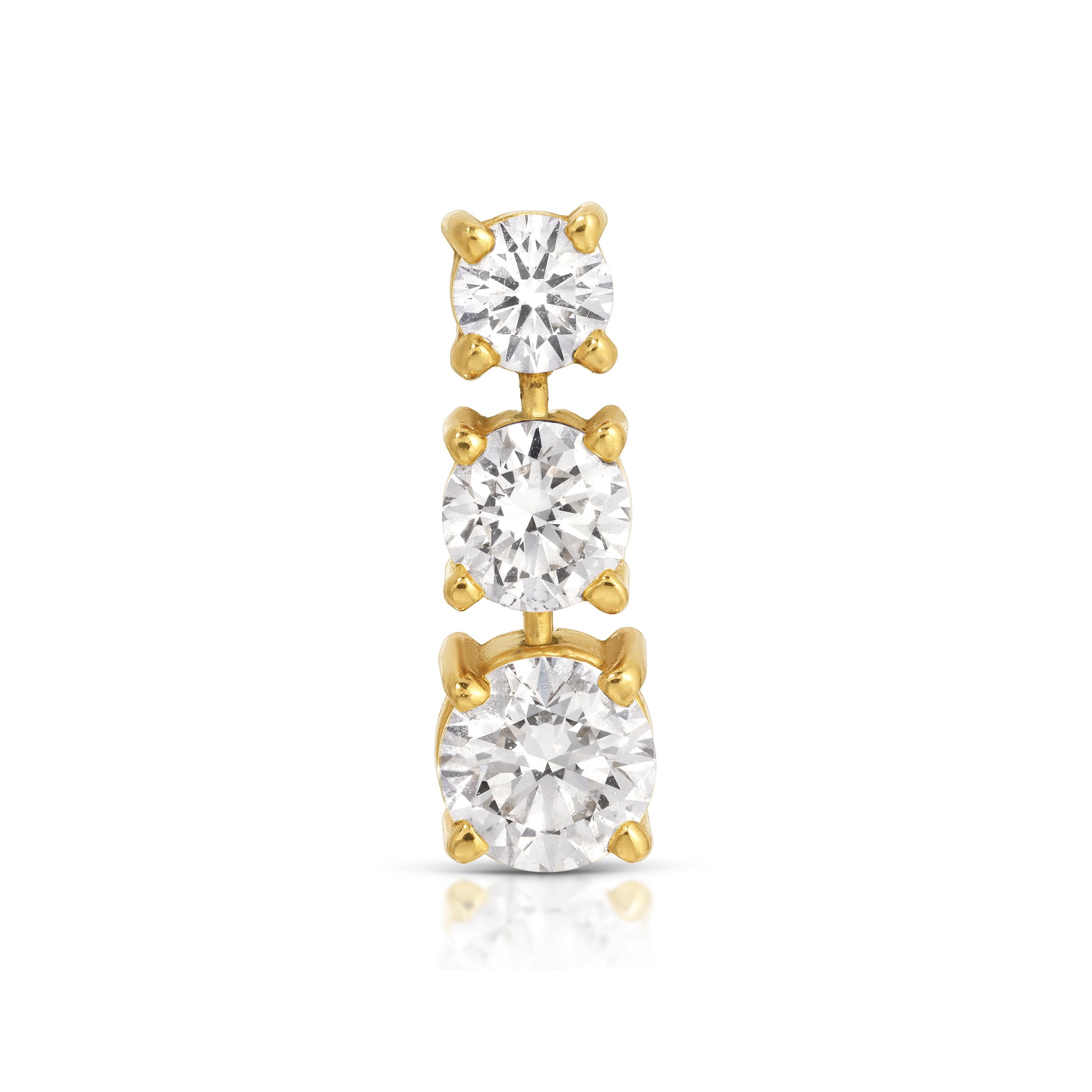 Three-tiered diamond earring with gold setting on a white background