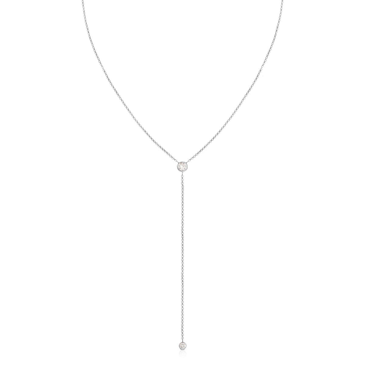 A Diamond Drip Necklace in white gold on a white background. 