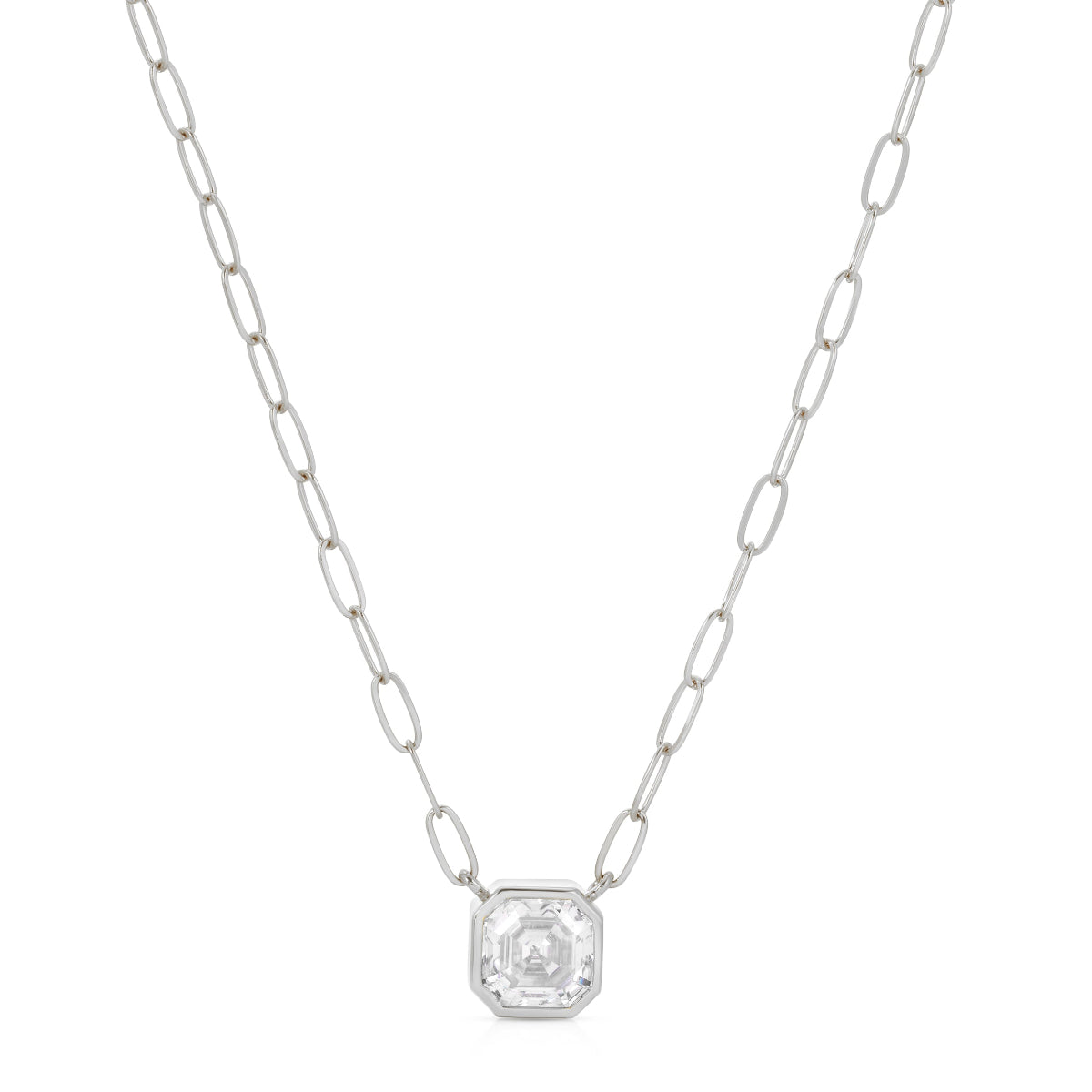 A C'est Moi Deco Necklace in white gold on a white background. 