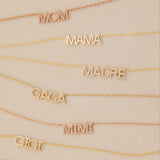 Pavé MOM, MADRE, GAGA and GIGI and MAMA and GIGI Necklaces in either yellow or rose gold on a light beige background. 