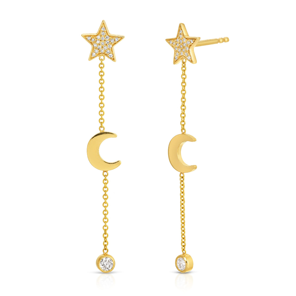A pair of Luna Spritz Earring in yellow gold on a white background. 