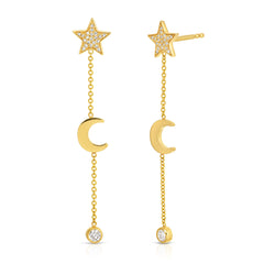 A pair of Luna Spritz Earring in yellow gold on a white background. 