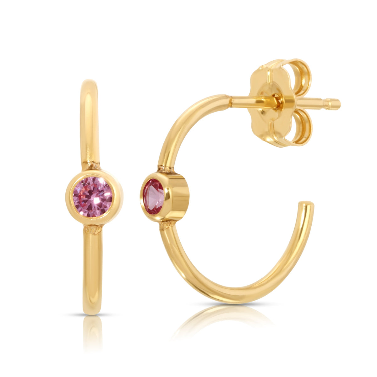 A pair of yellow gold Birthstone Hoops in Pink Tourmaline on a white background.