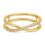 A Criss-Cross Diamond Duo Ring in yellow gold on a white background. 