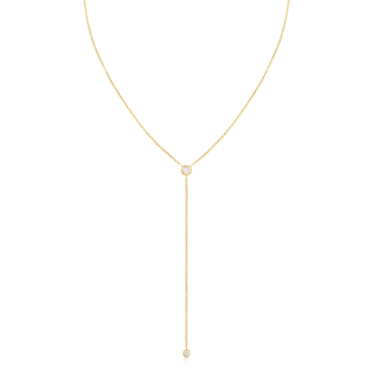 A Diamond Drip Necklace in yellow gold on a white background. 