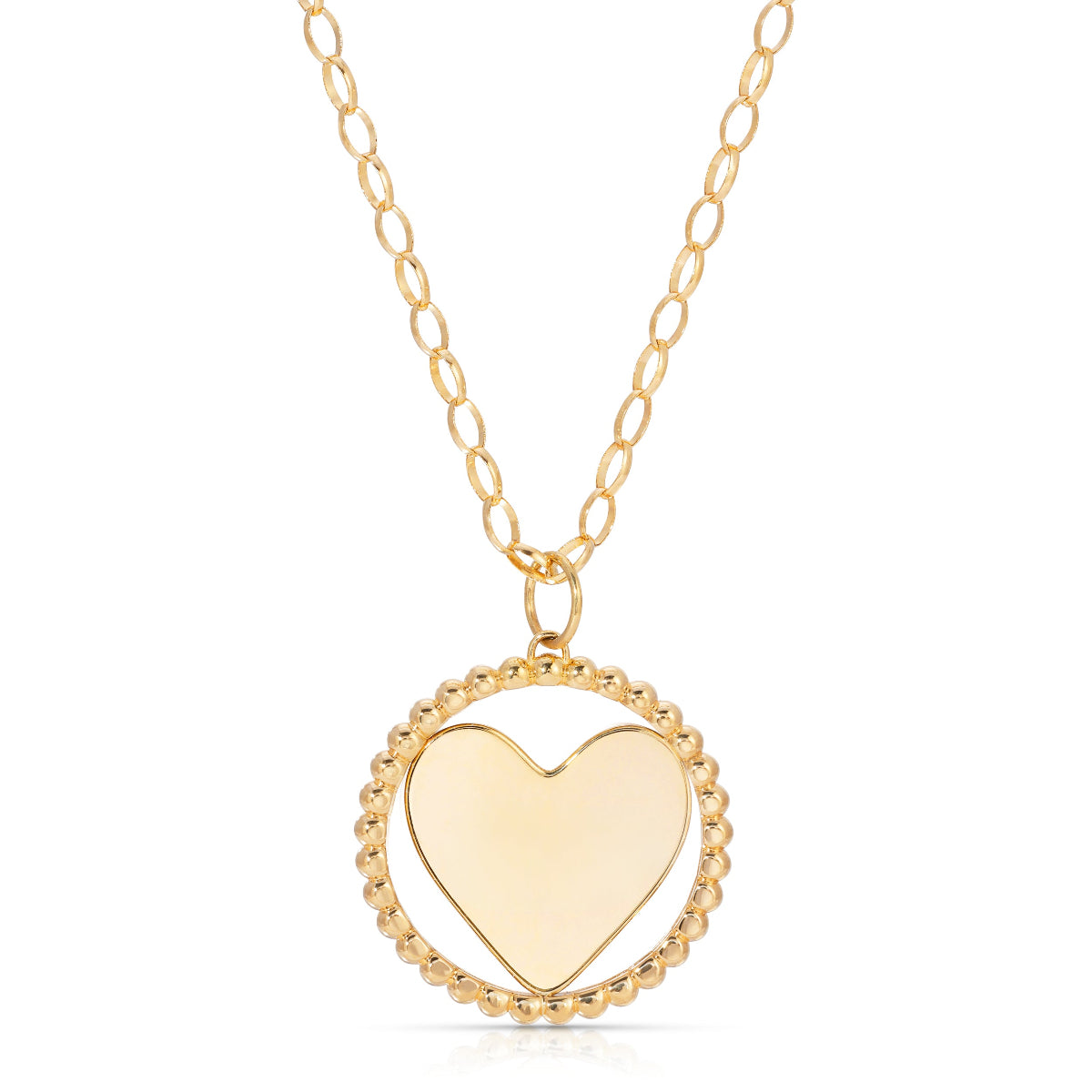A yellow gold Be Gentle in Grief Necklace showing the side with space for engraving, on a white background. 