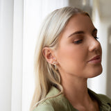 A blonde woman wearing a yellow gold Link Hoop and Alli Webb Faceted Threader with a green shirt against a white background. 