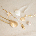 A Chic Cuban Curb Chain with The Golden Venus Shell, Element Long Link Chain with a Golden Scallop Shell and a Golden Spiral Shell on The Slide Chain against a sandy background. 
