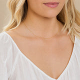Close-up of a woman's neck wearing a yellow gold necklace with a letter M charm. 