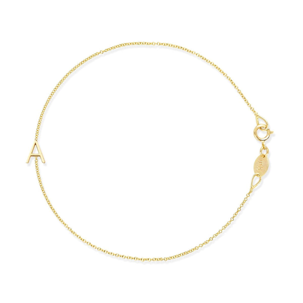 A Custom Gold Bracelet - 1 Letter in yellow gold with the letter A on a white background. 