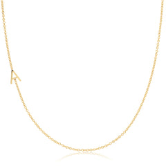 A single letter 'A' charm necklace in gold, asymmetrical in design, laid out on a white background.