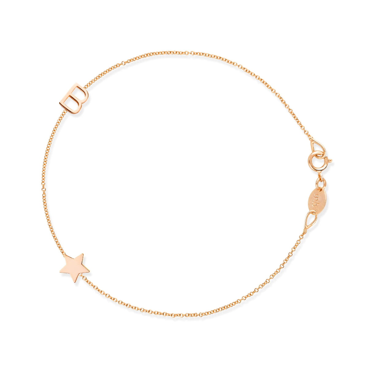 A rose gold Custom Gold Bracelet - 2 Letters (a letter B and a star charm) on a white background.